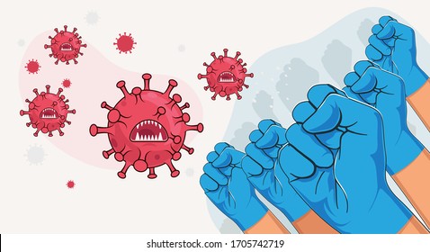 Combatir el concepto del coronavirus covid-19. Grupo de brazos levantados en campos médicos azules luchando con microbios de virus. Deja de covid. Ilustración vectorial con estilo de caricatura.