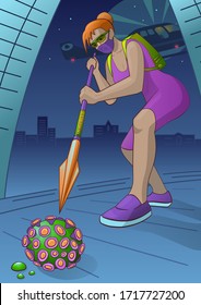 Fight COVID-19 coronavirus. Woman kills the virus with immunity spear. End of 2019-ncov. Vector Illustration.