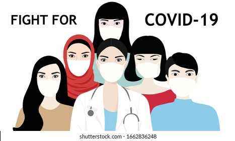 Fight for COVID-19 people wearing face masks vector-illustration. Covid-19 coronavirus design concept background