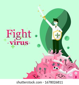 Fight covid-19,Man is winning or fighting virus,corona virus. Human win  disease or virus concept