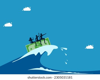 Fight crises with money and leadership. Business team surfing sea waves with banknotes
