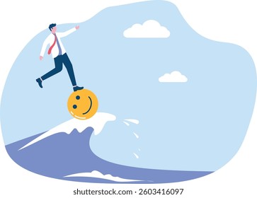 Fight crises with optimism. Businessman surfing the sea in a good mood

