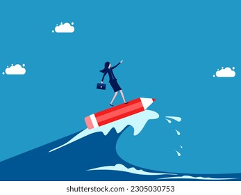 Fight the crisis with creativity. Businesswoman surfing the sea with a pencil