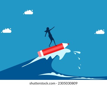 Fight the crisis with creativity. woman surfing the sea with a pencil