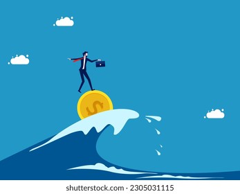 Fight a crisis with money. Businessman surfing sea waves with coin