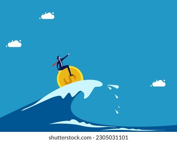 Fight the crisis with money and the vision of a leader. Businessman leader surfing sea waves with coin