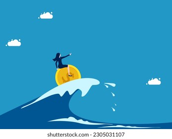 Fight the crisis with money and the vision of a leader. Businesswoman leader surfing sea waves with coin