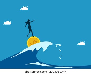 Fight a crisis with money. woman surfing sea waves with coin