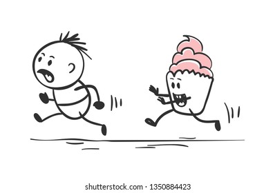 Fight the desire to eat sweetness. A man is being chased by a cake, vector illustration.	