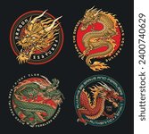 Fight dragon colorful set posters for mixed martial arts clubs with gold and green fantasy reptiles vector illustration