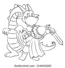 Fight with a dragon. Element for coloring page. Cartoon style.