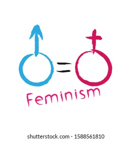 Fight for equal rights of women. Symbol of masculine and feminine with the word feminism written with a brush. Isolated on white background.