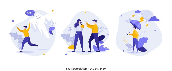 Combatir los temores por el éxito de las ilustraciones de vector de concepto plano. Tratando de la situación estresante en el trabajo composición de caricaturas. Logro comercial idea creativa para el sitio web, presentación