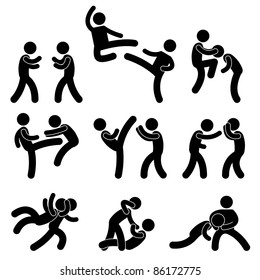 Fight Fighter Muay Thai Boxing Karate Taekwondo Wrestling Kick Punch Grab Throw People Icon Sign Symbol Pictogram