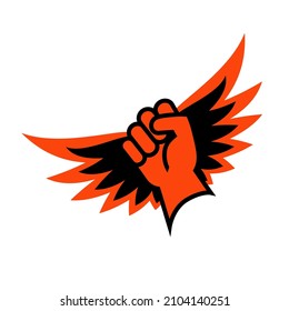 Lucha por la libertad, derechos civiles, ícono de protesta o logo. Levanté el puño con las alas. Diseño sencillo para afiches, carteles, medios sociales.