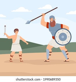 Fight Of Giant Warrior Goliath With Spear And Shield And Young David With Sling. Characters Of Historical Christian Bible Narratives. Flat Cartoon Vector Illustration.