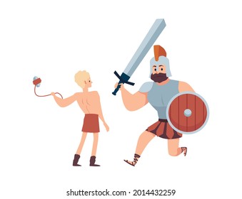 Fight Of Giant Warrior Goliath With Sword And Shield And Young David With Sling. Characters Of Historical Christian Bible Narratives. Flat Vector Illustration Isolated On White.