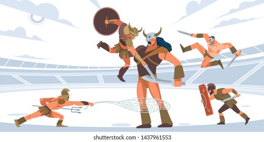 Fight. Gladiators attack a giant monster. White isolated background. Vector flat cartoon style.