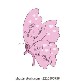 Fight Harder, Live Stronger Word On Pink Butterfly Ribbon  Vector Illustration 