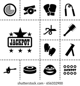 Fight icon. set of 13 filled fight icons such as radar, jackpot, ninja, boxing gloves, smoke bomb, mace, cannon