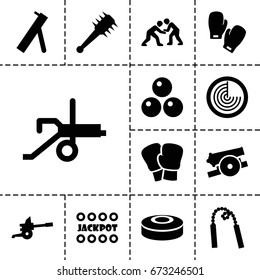 Fight icon. set of 13 filled fighticons such as radar, jackpot, judo, boxing gloves, smoke bomb, mace, cannon, canon ball