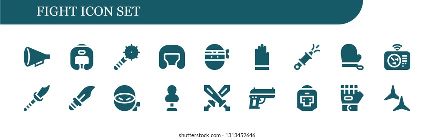 fight icon set. 18 filled fight icons.  Simple modern icons about  - Protest, Boxing helmet, Weapon, Ninja, Gloves, Water gun, Radar, Dagger, Punching bag, Swords, Gun, Boxer