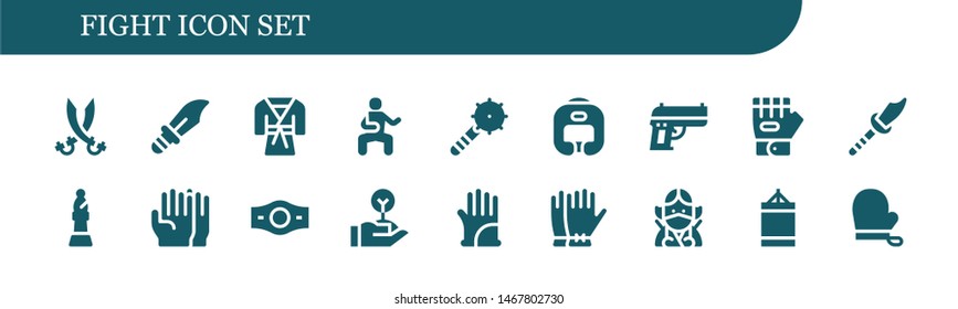 fight icon set. 18 filled fight icons.  Collection Of - Sabers, Dagger, Judo, Martial arts, Weapon, Boxing helmet, Gun, Glove, Bishop, Gloves, Champion belt, Freedom, Ninja, Punching ball