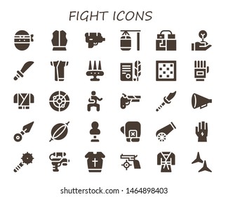 fight icon set. 30 filled fight icons.  Collection Of - Ninja, Armour, Water gun, Punching bag, Gloves, Freedom, Weapons, Kimono, Weapon, Independence, Chess board, Radar, Martial arts