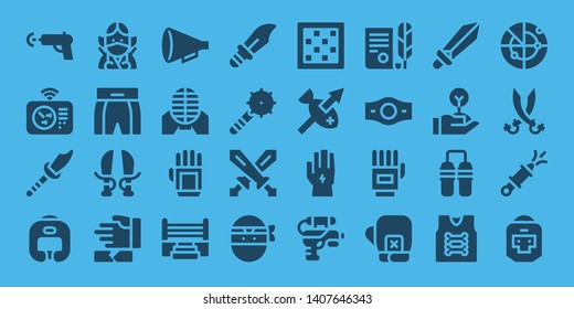 fight icon set. 32 filled fight icons. on blue background style Simple modern icons about  - Water gun, Radar, Weapon, Boxing helmet, Ninja, Boxing shorts, Sword, Martial arts
