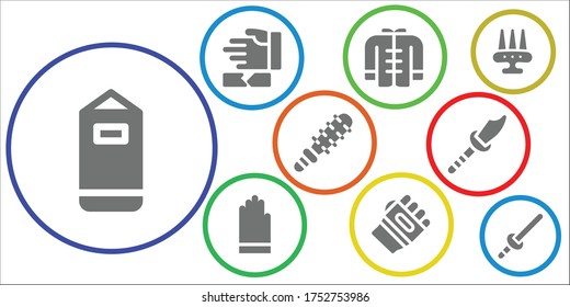 fight icon set. 9 filled fight icons. Included Punching bag, Martial arts, Wushu, Gloves, Karate, Mace, Weapon, Sword icons