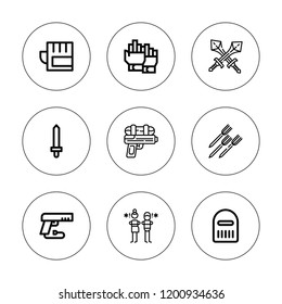 Fight icon set. collection of 9 outline fight icons with argument, gloves, gun, weapon, sword, warrior, swords icons. editable icons.