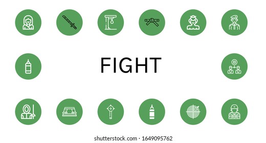 fight icon set. Collection of Karate, Katana, Punching ball, Black belt, Sumo, Soldier, Fencer, Paper punch, Mace, Punching bag, Radar, Disagreement icons