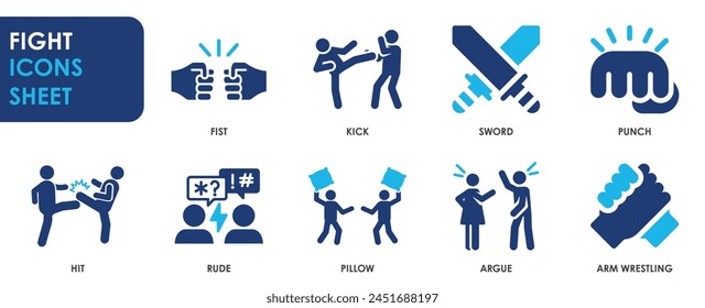 Fight icon vector set. Symbol of fight, sword, hit, arm wrestling and so on. Flat fighting and argument icons.