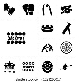 Fight icons. set of 13 editable filled fight icons such as jackpot, boxing gloves, judo, smoke bomb, cannon, chain weapon, radar