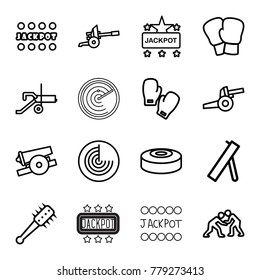 Fight icons. set of 16 editable outline fight icons such as radar, jackpot, boxing gloves, judo, smoke bomb, mace