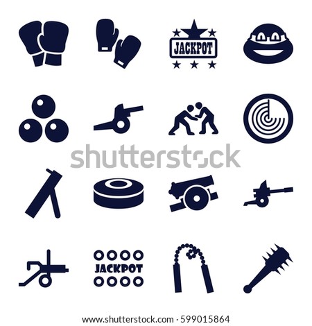 fight icons set. Set of 16 fight filled icons such as radar, Jackpot, ninja, judo, boxing gloves, smoke bomb, mace, cannon, canon ball