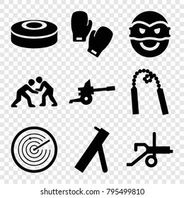Fight icons. set of 9 editable filled fight icons such as judo, boxing gloves, smoke bomb, chain weapon, cannon, radar