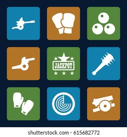 Fight icons set. set of 9 fight filled icons such as radar, Jackpot, boxing gloves, mace, cannon