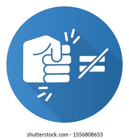 Fight ineaquality blue flat design long shadow glyph icon. Stop abuse, harassment, bullying. Fist punching sign. Toxic relationship. Human rights violation. Vector silhouette illustration
