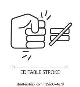 Fight ineaquality linear icon. Stop abuse. Fist punching sign. Discrimination, sexism. Human rights violation. Thin line illustration. Contour symbol. Vector isolated outline drawing. Editable stroke