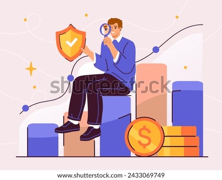 Fight with inflation concept. Man with magnifying glass sitting and graphs and diagrams near golden coins. Economical global processes. Cartoon flat vector illustration isolated on pink background