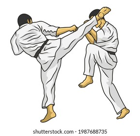 Fight karate, a kick to the head with a foot after which the second puts a block.