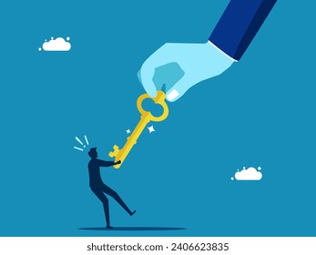Fight for the key to success. Big hand tugs over keys with small businessman