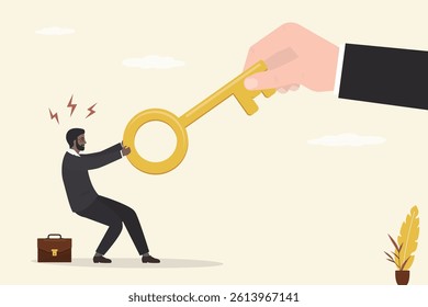 Fight for the key to success. Business conflict at work. Fight between two business people for one golden key for unlock goal or opportunity. flat vector illustration