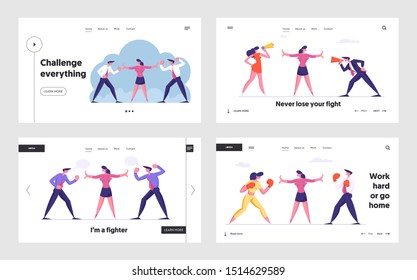 Fight for Leadership Website Landing Page Set. Business People Opponents Arguing and Staring. Work Conflict or War Between Colleagues Office Workers Web Page Banner. Cartoon Flat Vector Illustration