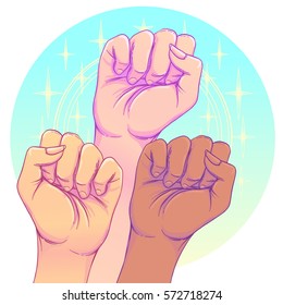 Fight like a girl. 3 Woman's hands with her fist raised up. Girl Power. Feminism concept. Realistic style vector illustration in pink  pastel goth colors. Sticker, patch graphic design.