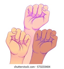 Fight like a girl. 3 Woman's hands with her fist raised up. Girl Power. Feminism concept. Realistic style vector illustration in pink  pastel goth colors. Sticker, patch graphic design.