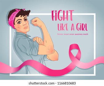 Fight like a girl. Caucasian girl with her fist raised up. Breast Cancer Awareness Month symbol. Vector illustration. Design inspired by classic vintage feminist poster. International health campaign.