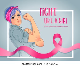 Fight like a girl. Caucasian girl with her fist raised up. Breast Cancer Awareness Month symbol. Vector illustration. Design inspired by classic vintage feminist poster. International health campaign.
