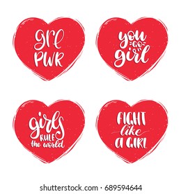 Fight Like A Girl, GRL PWR etc hand lettering set in heart shapes. Vector calligraphic collection of feminist movement for poster, banner etc.